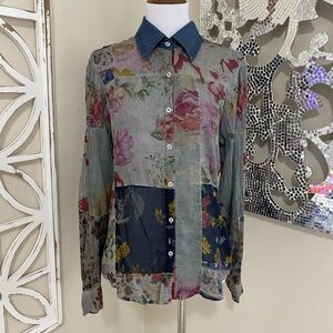VINTAGE GOA xsmall FLORAL PATCHWORK SEMI SHEER COTTON BUTTON UP ROLL TAB TOP